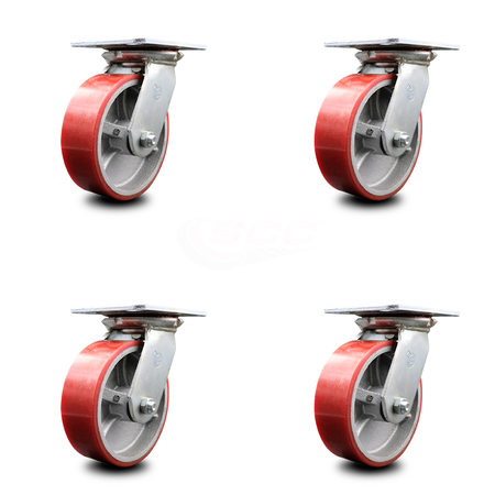Service Caster 6 Inch Heavy Duty Red Poly on Cast Iron Caster Set with Roller Bearings, 4PK SCC-35S620-PUR-RS-4